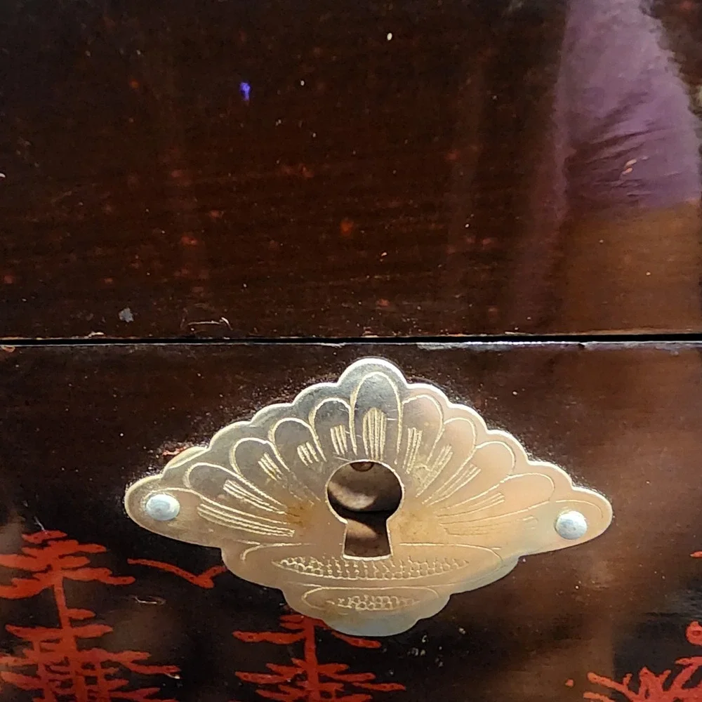 Vintage Japanese Black Lacquered Music Jewelry Box Mother Of Pearl Painted Works